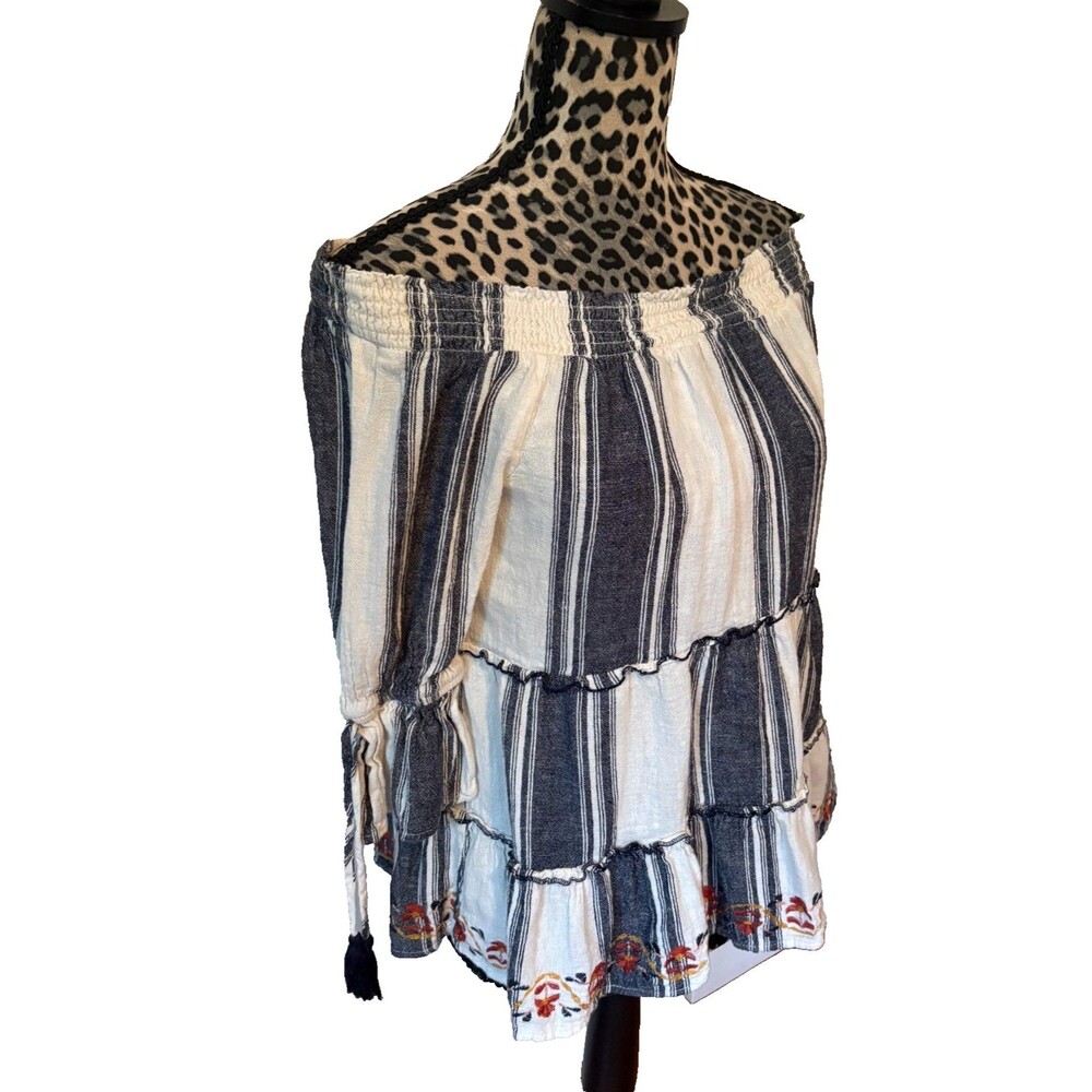 Knox Rose Boho Top Linen Blend Stripe Off Shoulder Floral Festival Size Medium